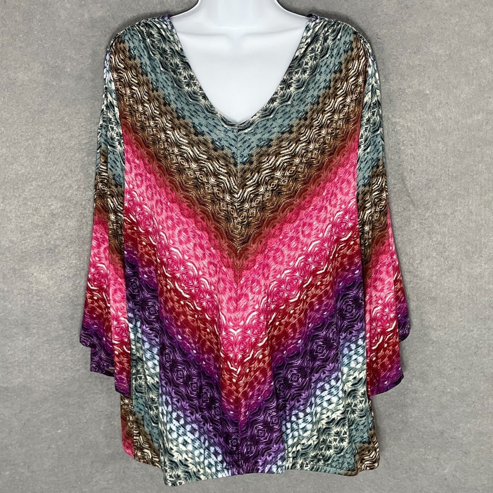 Democracy Top Womens 1X Bold Mutlicolor‎ V-Neck Flare Sleeve Tie Hippie Bohemian